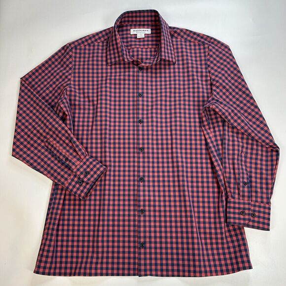 Mizzen + Main Performance Button Down XL Gingham Plaid Shirt Pink Navy Trim Fit - Picture 1 of 8